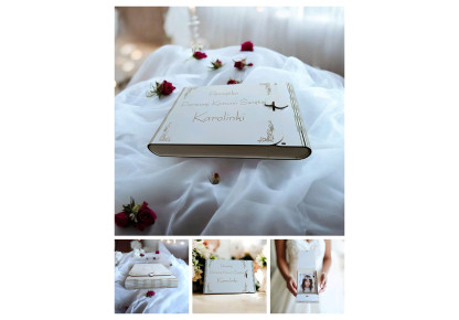 Drewniane pudełko na zdjęcia z okazji Pierwszej Komunii Świętej w kolorze białym na zdjęcia  15×23 cm