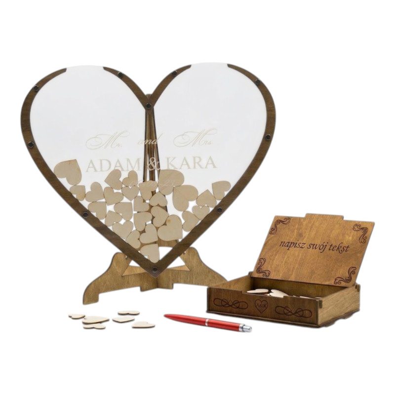 Drewniana Księga Gości Weselnych w Kształcie Serca 3D/100 serc