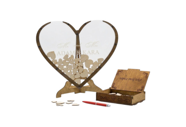 Drewniana Księga Gości Weselnych w Kształcie Serca 3D/100 serc