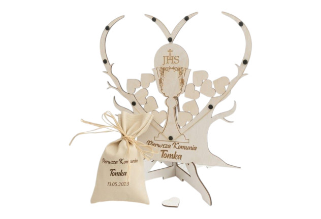 Drewniana Księga Gości I Komunia  w Kształcie Serca 3D/30 serc