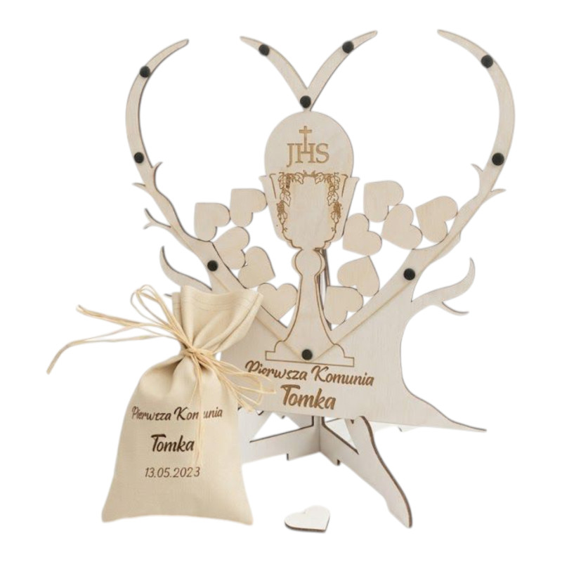 Drewniana Księga Gości I Komunia  w Kształcie Serca 3D/40 serc