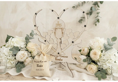 Drewniana Księga Gości I Komunia  w Kształcie Serca 3D/40 serc