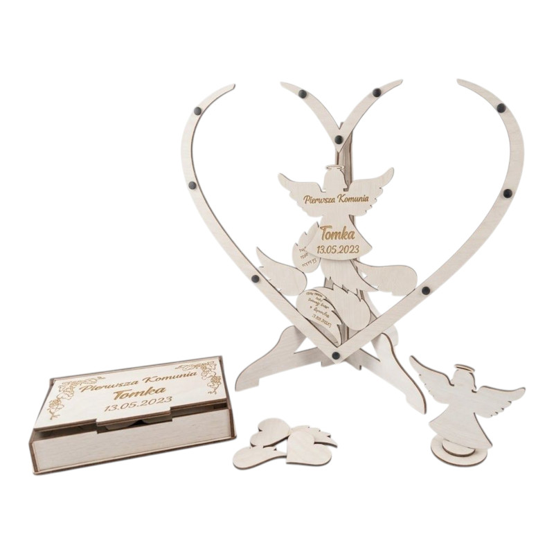 Drewniana Księga Gości I Komunia  w Kształcie Serca 3D/25 skrzydełka