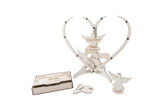 Drewniana Księga Gości I Komunia  w Kształcie Serca 3D/35 skrzydełka